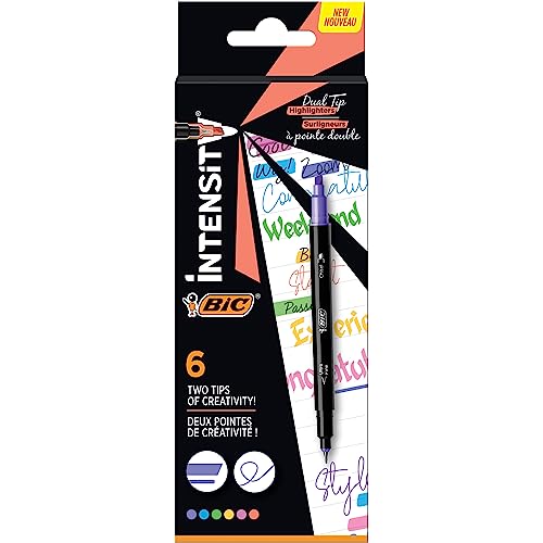 BIC® Intensity Dual-Tip Highlighters, Chisel Tip/Ultra-Fine Tip, Black Barrels/Assorted Colors, Pack Of 6 Highlighters