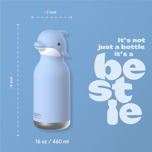 asobu Bestie Bottle Limited Edition Collectible Kids Water Bottle with Animal Character Lid 16oz (460ml) Insulated Stainless Steel, Leakproof, Reusable with Straw Fun Gift for Girls & Boys - color: KIYOSHI THE DOLPHIN