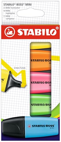 STABILO - BOSS MINI - Highlighter - Pack of 5 - Assorted colors - color: Yellow, Orange, Pink, Green, and Blue