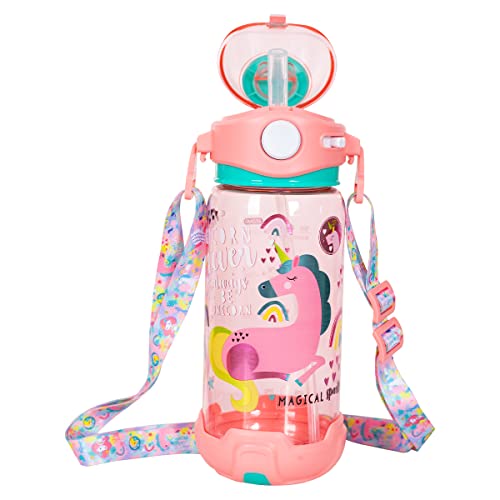 Kids Water Bottle with Straw/Lanyard for School Kids Girls Boys, 22oz BPA Free Child Drinking Water Bottle One-Click-Open Leak-Proof Locking Flip Lid for School Sport Travel - color: Unicorn