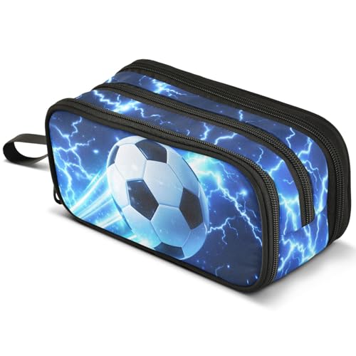 ALAZA Soccer Large Pencil Case, Blue Lightning Pen Pouch Pencil Bag with 3 Compartments Pen Holder Organizer Stationery Bag - color: A08