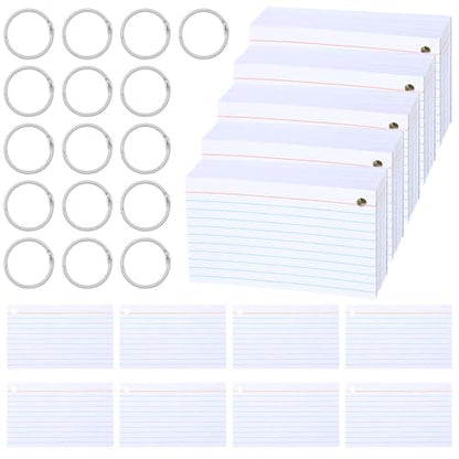 1000 Count Index Cards with Ring, 3x5 Inch Ruled Flash Cards, White Index Card with 16 Metal Rings, Heavyweight Study Note Card for Office Exam Organization