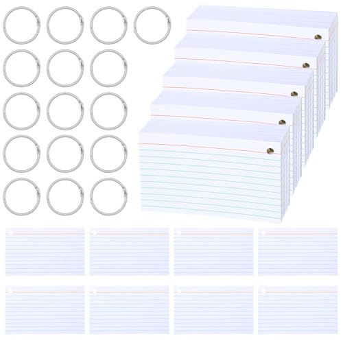 1000 Count Index Cards with Ring, 3x5 Inch Ruled Flash Cards, White Index Card with 16 Metal Rings, Heavyweight Study Note Card for Office Exam Organization