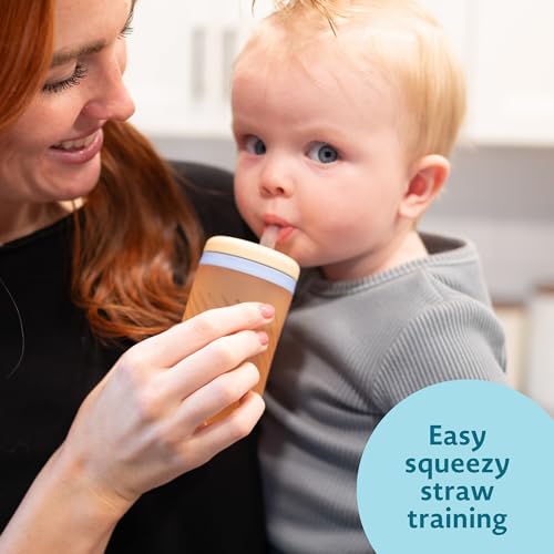 The First Years Silicone Squeeze & Sip Straw Cup - Spill-Proof Toddler Training Cups - Dishwasher Safe - Orange and Blue - 7 oz - 2 Count - Ages 6 Months+ - color: Orange and Blue