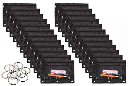 24 Packs 3 Ring Binder Pen Pencil Case Pouch Bulk Set Stationery Bag for School Class Office Black - color: black