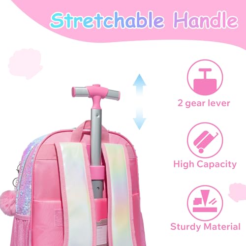Kids Rolling Cats Backpack for Girls Plush Trolley Suitcases Luggage Travel with Wheels Bookbag Wheeled 17" 3PCS Roller Backpacks Set Toddler Back Pack School Bags for Elementary Pink - color: 5315-maomi-pink
