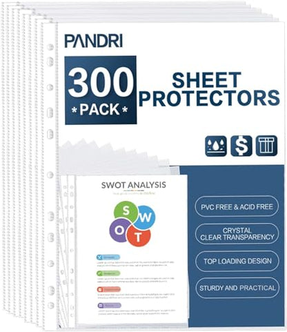 Sheet Protectors, PANDRI 300 Pack Clear Heavy Duty Plastic Page Protectors Sheet Reinforced 11-Hole Fit for 3 Ring Binder Fits Standard 8.5 x 11 Paper, 9.25 x 11.25 Top Loaded, Excluding Acid - size: 300 PACK