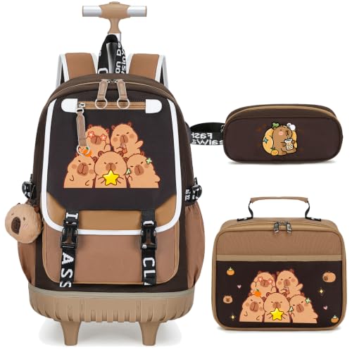 Bevalsa Capybara Theme Rolling Backpack for Girls, 3PCS Roller School Backpacks with Lunch Box & Pen Case, Kids Bookbag Schoolbag with Wheels for Teen Girl Kindergarten Elementary Middle School - color: Brown Cartoon