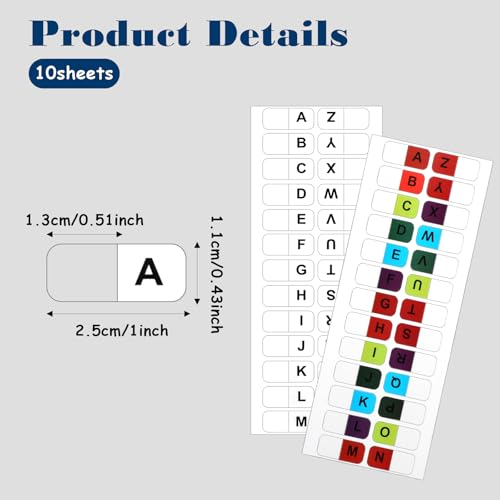 A-Z 26 Alphabet Tabs Self Adhesive White and Coloful Letters Tab Sticky Small Alphabetical A-Z Page Index Tab, 260 PCS Alphabet Tabs for Notebooks Filing Dictionary Files
