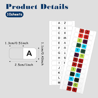 A-Z 26 Alphabet Tabs Self Adhesive White and Coloful Letters Tab Sticky Small Alphabetical A-Z Page Index Tab, 260 PCS Alphabet Tabs for Notebooks Filing Dictionary Files
