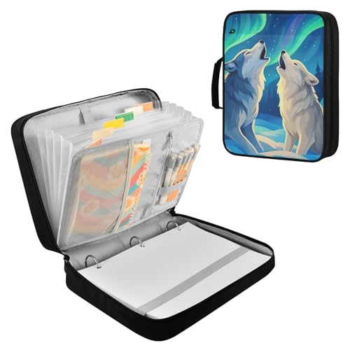 Heavy-Duty 3-Ring Binder Organizer Portfolio with 7-Pocket Expandable File Jacket Northern Lights Wolf Expandable Filing Folder with Mesh Storage Pouch