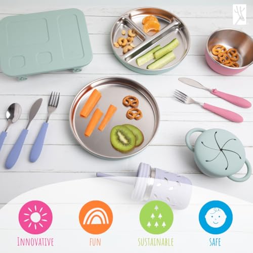 Elk and Friends Kids Stainless Steel Bento Box with Silicone Lid | Leak-proof | Toddler Lunch Container | 4 Compartments | Dishwasher Safe - color: Misty Blue