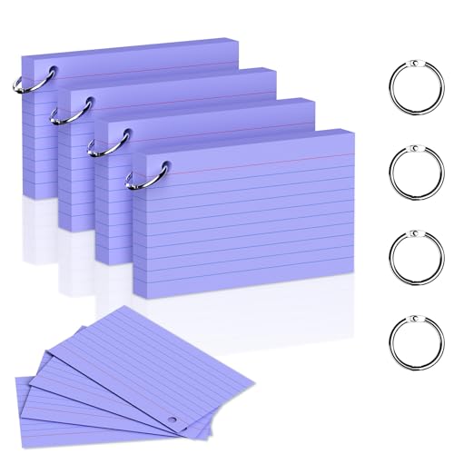 200 Count 3 x 5 Inch Purple Index Cards with Binder Rings, Lined & Blank Study Cards, Thick Cardstock Flash Cards for Students & Teachers, Color-Coded Notecards for School, Home, Work - color: Purple-Rings