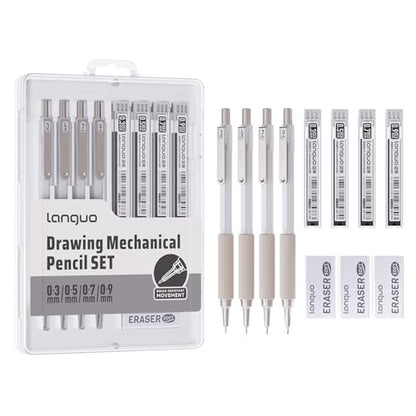 languo Mechanical Pencil Set with Case, 4PCS Drafting Pencils 0.3mm 0.5mm 0.7mm 0.9mm – 4 Tubes HB & 2B Lead Refills, 3 Erasers, Mechanical Pencil Kit for Writing & Drawing - style: 0.3mm + 0.5mm + 0.7mm + 0.9mm