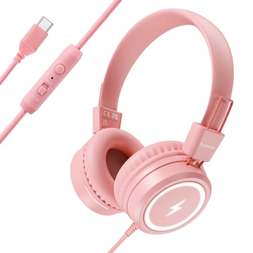 Bywulanda Kids Headphones with LED Lights for School, Upgrade USB Type C Kid Headphone with Microphone, Volume Limiter 85/94dB, Wired On Ear Headphones for Boys/Girls/Tablet/Travel -Pink - color: Light Pink