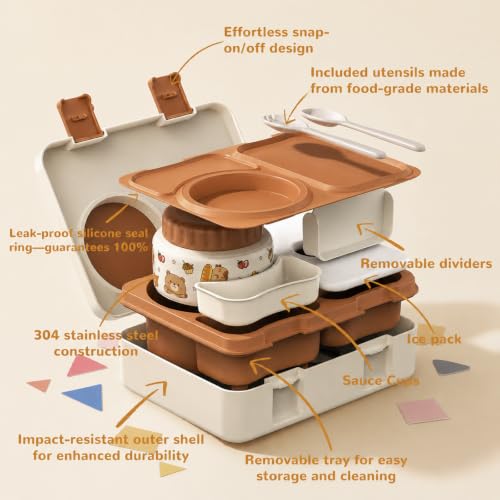 Kids Lunch Box with Thermo, Leakproof Bento Box for Kids with 8OZ Insulated Food Jar, Ice Pack, Sauce Cup, Utensils, Removable Tray & Dividers for School Daycare Travel (Capybaras) - color: Capybaras