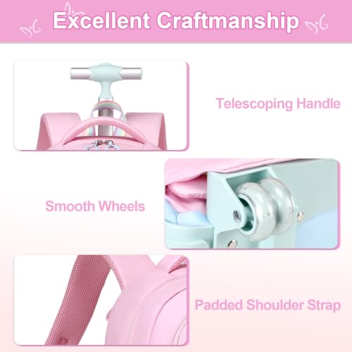 DIGOBAY Rolling Backpack for Girls, Cute Roller School Bag with Wheels, Kids Wheeled Backpacks Set with Lunch Bag Pencil Case for Teen Girls Kindergarten Elementary Middle School - color: Pink-blue