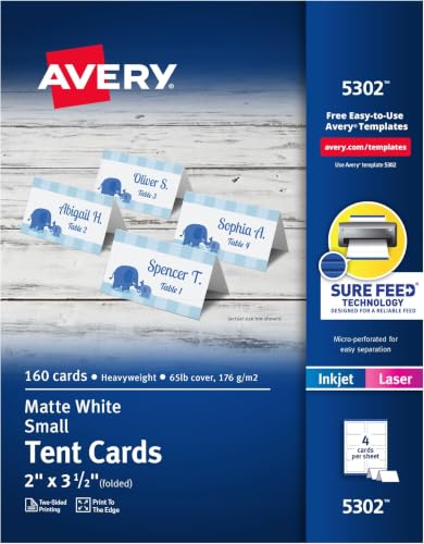 Avery Printable Tent Cards with Sure Feed Technology,2" x 3.5",White,160 Blank Place Cards for Laser or Inkjet Printers (5302),(Pack of 5) - color: White, size: 2" x 3.5" (Pack of 5), style: 160 cards