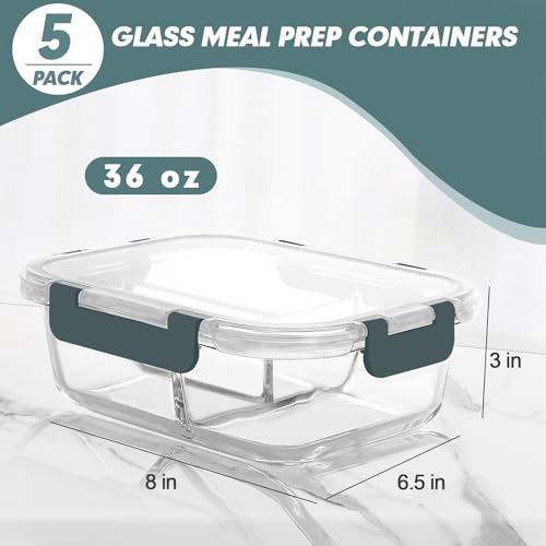 KOMUEE Glass Meal Prep Containers 3 Compartments, 5 Pack 36 oz, Glass Food Storage Containers with Lids, Airtight Lunch Bento Box, Portion Control, Freezer and Microwave Safe - color: Gray