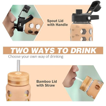 MUKOKO Glass Water Bottle, 32oz, Amber | Glass Tumbler with Straw, Drinking Bottles with 2 Lids-Handle Spout Lid & Bamboo Straw Lid, Silicone Sleeve, 1 Pack - color: Amber, size: 32 Ounces