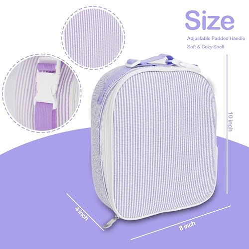 MT WORLD Personalized Lunch Bag Tote Custom Embroidery Name Reusable Seersucker Stripe Pattern Insulated Lunch Box - color: Purple