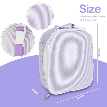 MT WORLD Personalized Lunch Bag Tote Custom Embroidery Name Reusable Seersucker Stripe Pattern Insulated Lunch Box - color: Purple