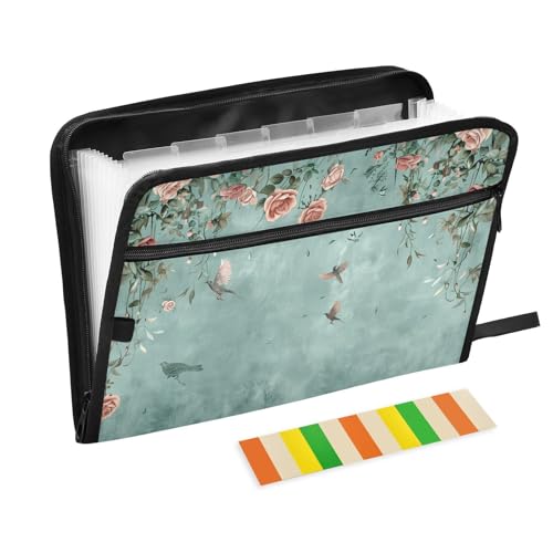 Retro Floral Expanding File Folder with Color Bar Label 13 Pocket Accordion Document Organizer Zip File with Zipper Closure Front Pocket - color: Retro Floral