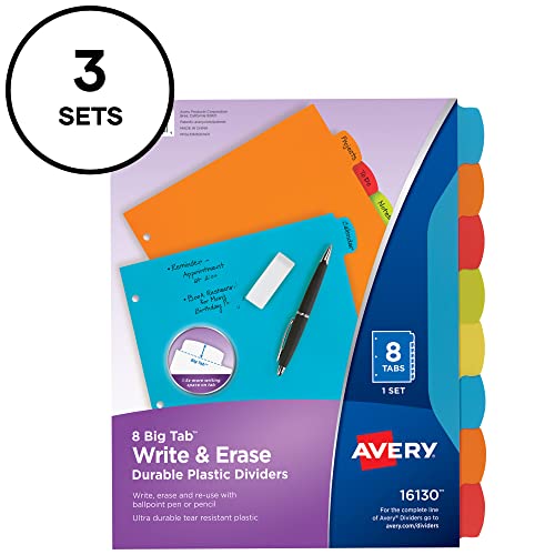 Avery Big Tab Write & Erase Durable Plastic Dividers, 8-Tab Set, Multicolor Brights, 3 Sets (21210) - size: 8 tab, style: 3 Sets