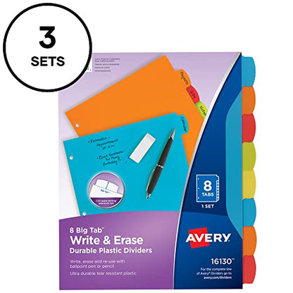 Avery Big Tab Write & Erase Durable Plastic Dividers,8-Tab Set,Multicolor Brights,3 Sets (21210),(Pack of 8) - size: 8 tab (Pack of 8), style: 3 Sets