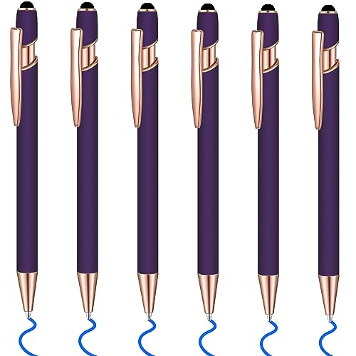 6 Pcs Blue Ink Ballpoint Pen with Stylus Tip 2 in 1 Ballpoint Pen Metal Pens Stylus Pen for Touch Screens School Office Coworkers (Purple Rose Gold) - color: Purple Rose Gold