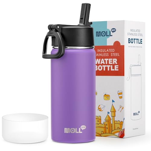 Water Bottle 16 oz Stainless Steel Double Wall Vacuum Insulated Wide Mouth Water Bottle for School-Metal Leak-Proof Travel Water Flask with Straw(Purple) - color: Purple, size: 16 Ounces
