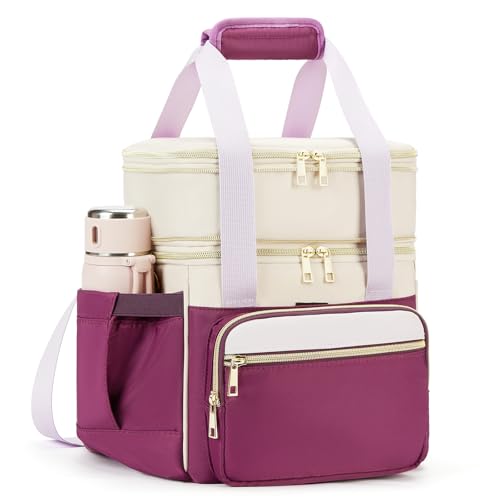 holuxer Insulated Lunch Bag & Lunch Box for Women - Double Deck Reusable Lunch Bag for men Tote Cooler Bag Leakproof Soft Expandable - Large Lunchbox for Work/Adult/Picnic/Outdoor (Light Purple，15L) - color: purple with Beige, size: 15L