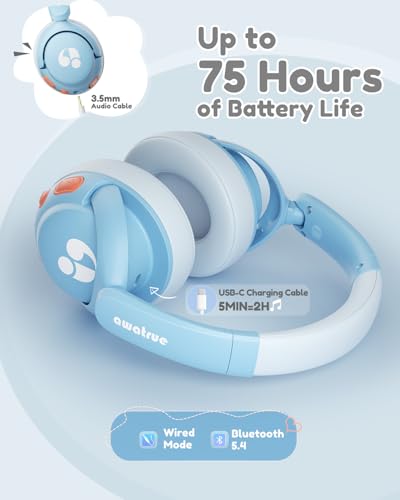 awatrue Kids Bluetooth Headphones, 85dB Volume Limiter, Foldable Wireless Over-Ear Headphones for iPad, Travel, 75H Playtime, Bluetooth 5.4, Built-in Mic, Blue - color: Blue