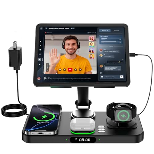 6 in 1 Wireless Charger for Apple Multiple Devices, Charging Station with Clock &7 Color Ambient Light, Foldable Rotate Stand for iPad, for iPhone17/16/15, Support for Apple Watch11/10 For AirPods4 - color: Black