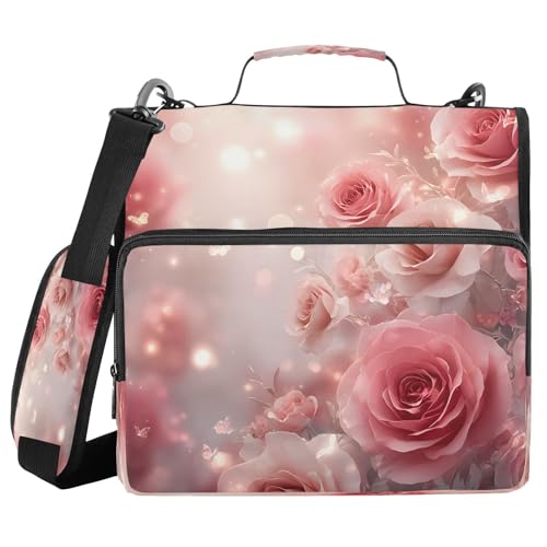 3 Ring Zipper Binder 3D Pink Roses Floral Binders Bag with Shoulder Strap 500 Sheets Paper Organizer Trapper Keeper Documents Storage File Folder for School Office - color: A2395