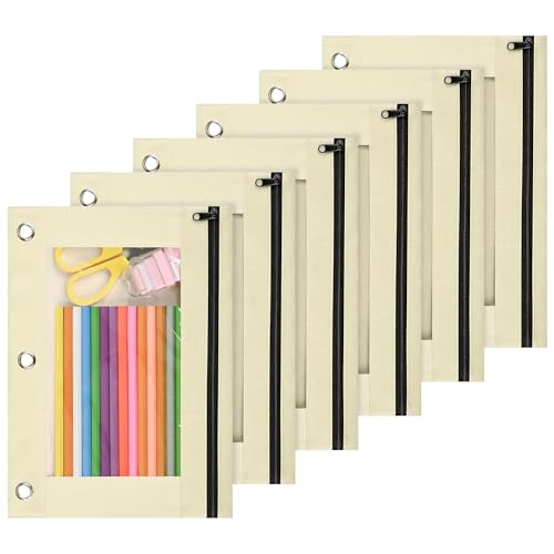 Lanpn Pencil Pouch for 3 Ring Binder 6 Pack, Aesthetic Binder Pen Bags with Zipper, 3 Holes Pencil Pouches Organizer for Boy Girl Kids School Student, Reinforced Grommets & Clear Window, Beige - color: Beige, size: 6 Pack