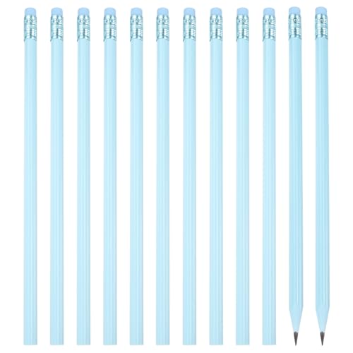 PATIKIL Round Pencils, 12 Pcs Triangle HB Graphite Pencil Wooden Pencils with Eraser for Classroom Office Writing Drawing Supplies, Blue - color: Light Blue