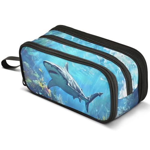 ALAZA Shark Ocean Large Pencil Case, Pen Pouch Pencil Bag with 3 Compartments Pen Holder Organizer Stationery Bag - color: A07