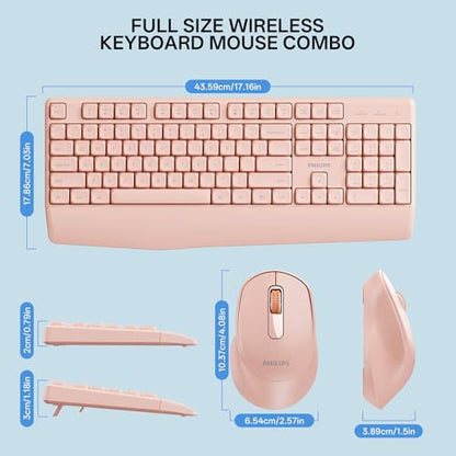 PHILIPS Wireless Keyboard and Mouse Combo-Ergonomic Keyboard and Mouse Wireless Combo with Silent Design,Plug n' Play,Sleep Mode and 2.4GHz Keyboard for Mac, Windows, Laptop-Pink - color: Pink