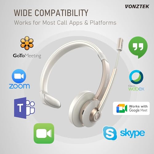 Wireless Headset, Bluetooth Headphones with Microphone Noise Canceling & Mute, 5.0 Trucker Bluetooth Headset with Mic/USB Dongle for Cell Phone Computer Work Office Teams Meeting Call Center - color: Champagne Gold & White