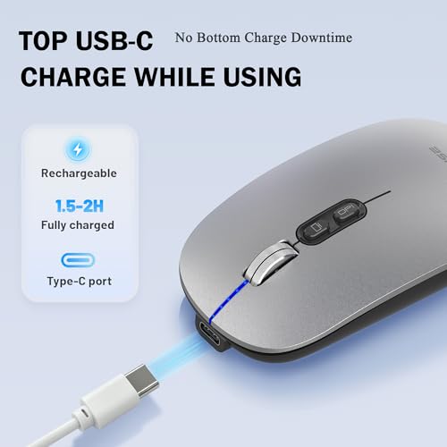 FMOUSE Slim Wireless Mouse, Tri-Mode 2.4G & Bluetooth, Rechargeable – Grey | USB-A & USB-C Receiver | Silent Click | One-Key Desktop | Works with Mac, iPad & Laptops | Long-Life Battery | Portable - color: Grey