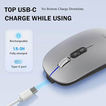 FMOUSE Slim Wireless Mouse, Tri-Mode 2.4G & Bluetooth, Rechargeable – Grey | USB-A & USB-C Receiver | Silent Click | One-Key Desktop | Works with Mac, iPad & Laptops | Long-Life Battery | Portable - color: Grey