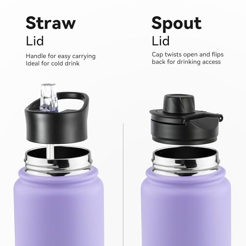 24oz Insulated Water Bottle with Straw Lid, Stainless Steel Metal Water Bottle with Straw & Wide Mouth Lid, Double Wall Vacuum Water Bottle for Hiking Camping, Lavender 1 Pack - color: Lavender, size: 24 Ounces