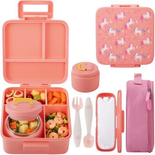 MAISON HUIS Bento Lunch Box with 8oz Soup Thermo, 5-Compartment Leak-Proof Container, Thermo Hot Food Jar and Insulated Lunch Bag, BPA Free,Travel, School (Pink Horse) - color: Pink Horse