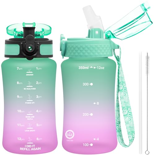 OLDLEY Kids Water Bottle for School, 12 oz (2 lids) BPA-Free Reusable Leak-proof Durable Tritan Plastic Water Bottles with Straw & Chug Lids, Anti-dust Spout Cover (Green Purple) - color: Green Purple, size: 12 Ounces
