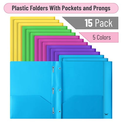 Mr. Pen- Plastic Folders with Pockets and Prongs, 15 Pack, Letter Size | Pocket Folders, Folders with Prongs - color: Bright Colors, size: 15 Pack