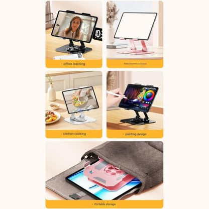 Double Axises Height Adjustable Foldable Tablets Holder with Rotating Base Carbon Alloy Design - color: Pink