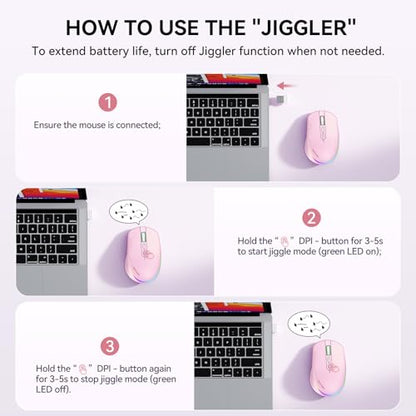 TECKNET Wireless Mouse Jiggler, Rechargeable Mouse with Built-in Mouse Mover, 6 Adjustable DPI & 14 LED Modes, Silent Click, Undetectable Random Movement Keeps Computer Awake for Laptop/PC/Mac- Pink - color: Pink