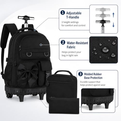 HPJGD 3PCS Girls Backpack with Wheels, Black Bow Tie Roller School Backpacks, Water-Resistant Rolling Wheeled Bookbag Set - color: Black Bowknot Rolling Backpack Set