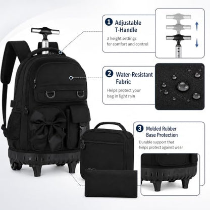 HPJGD 3PCS Girls Backpack with Wheels, Black Bow Tie Roller School Backpacks, Water-Resistant Rolling Wheeled Bookbag Set - color: Black Bowknot Rolling Backpack Set